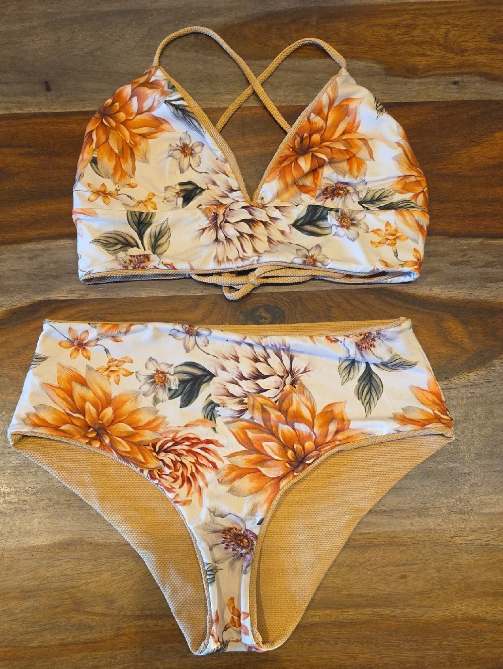 Floral Orange & Cream High-Waist Bikini Set